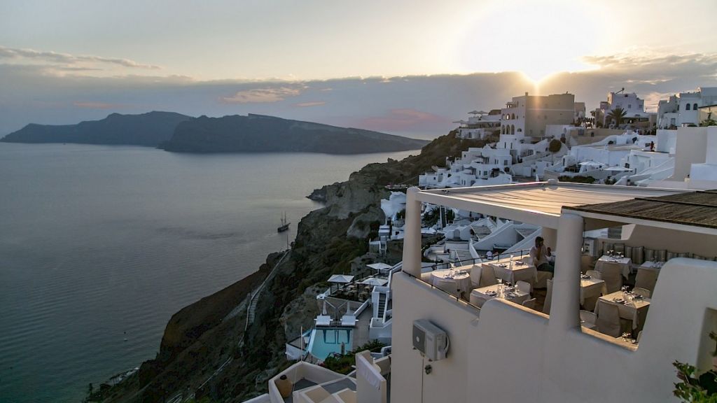 Santorini is a popular yacht charter destination in the Aegean for luxury summer vacation in Greece