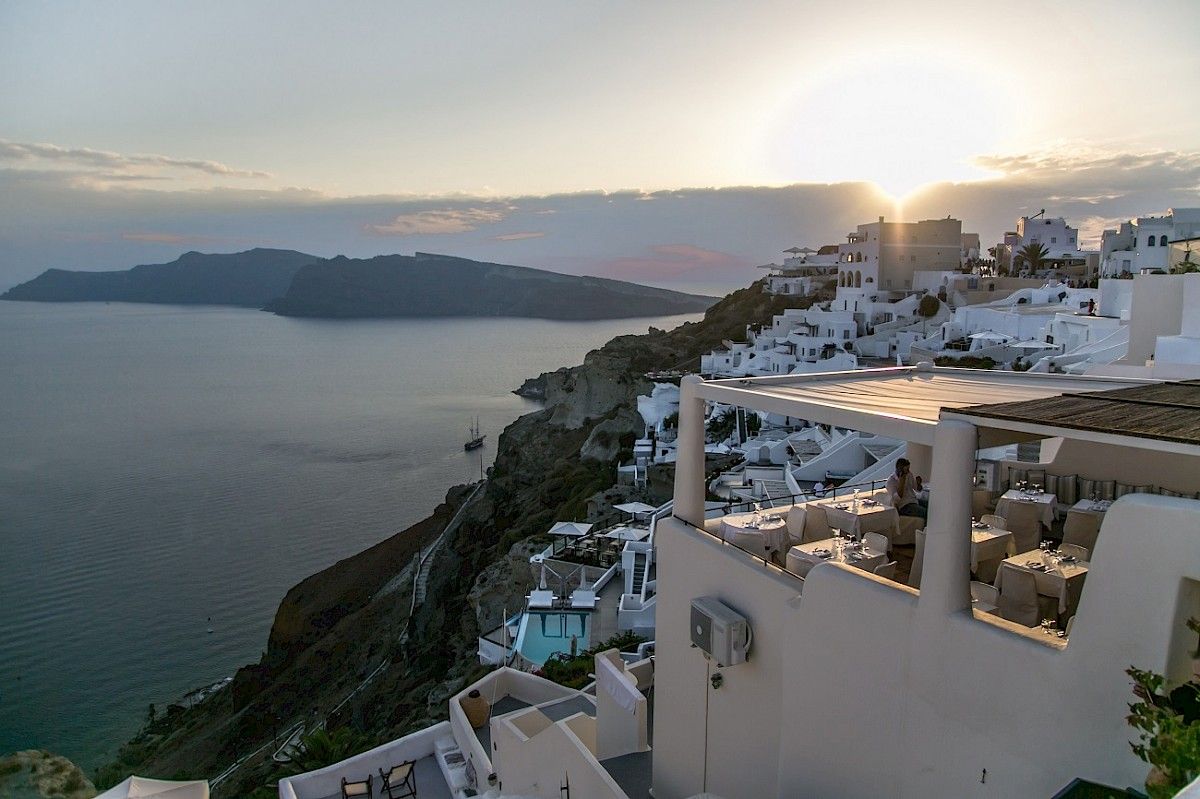 Santorini is a popular yacht charter destination in the Aegean for luxury summer vacation in Greece